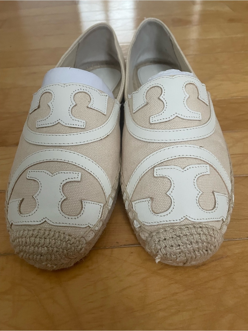 Tory Burch Cream Canvas & White Leather Logo Espadrille Flats - Picture 3 of 12